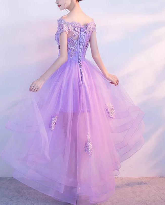 Luolandi Cute High Low Tulle Prom Dress Off the Shoulder Homecoming Dress Light Purple Beautiful Cocktail Dress